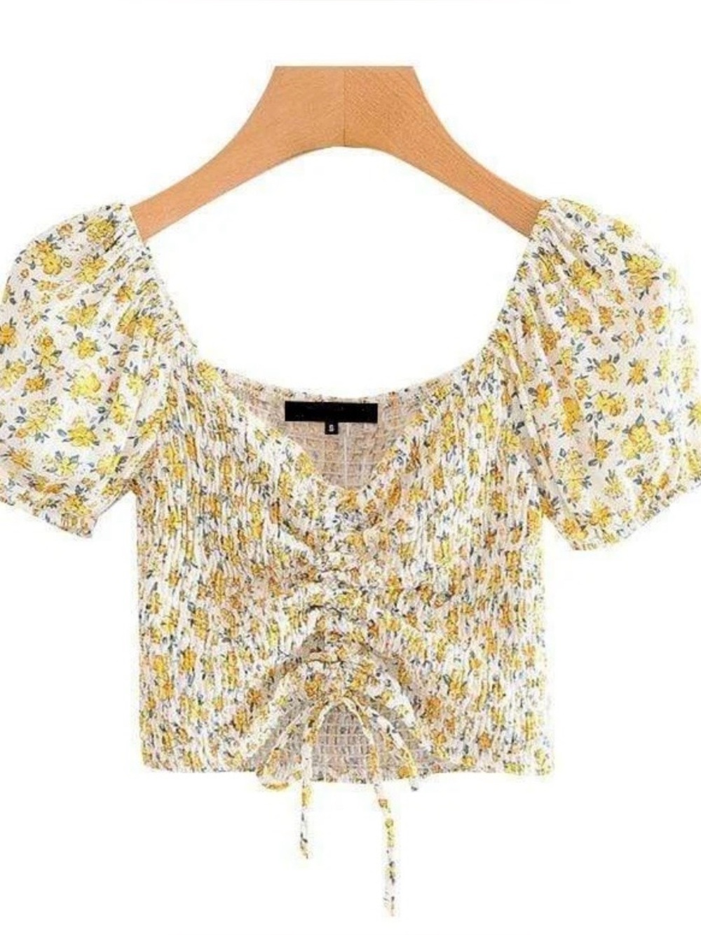 Kaii Yellow Floral Puff-Sleeve Tie-Front Crop Top with White Accents.